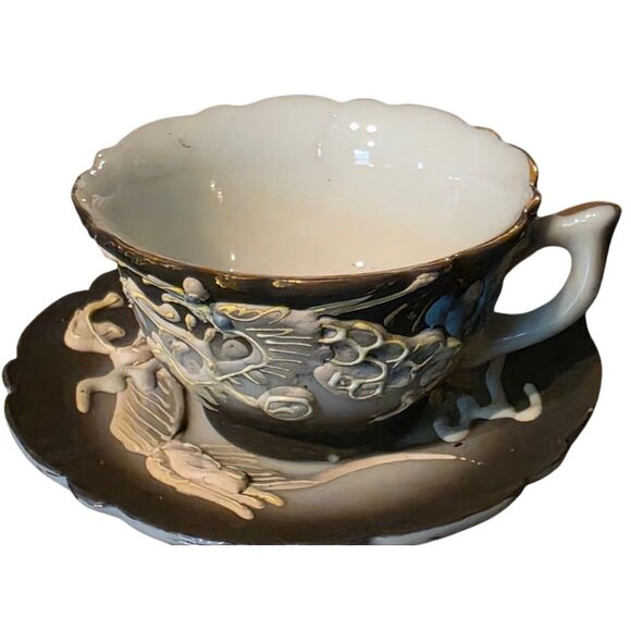 DRAGON Ware Black Moriage Tea Cup and Saucer Japan Demitasse Set Embossed Design - Picture 8 of 16